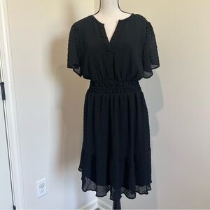 NWOT short sleeve black mini Dress with smocked waist and sheer overlay LBD